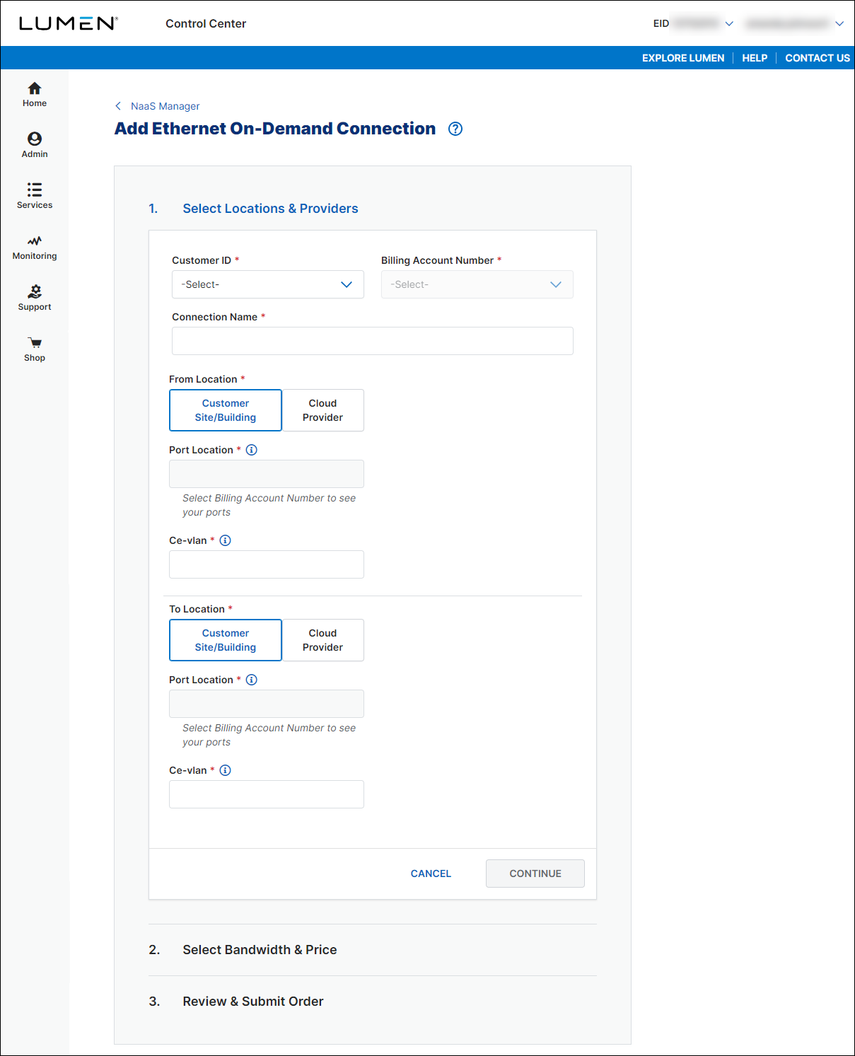 NaaS Ethernet On-Demand connection between two locations