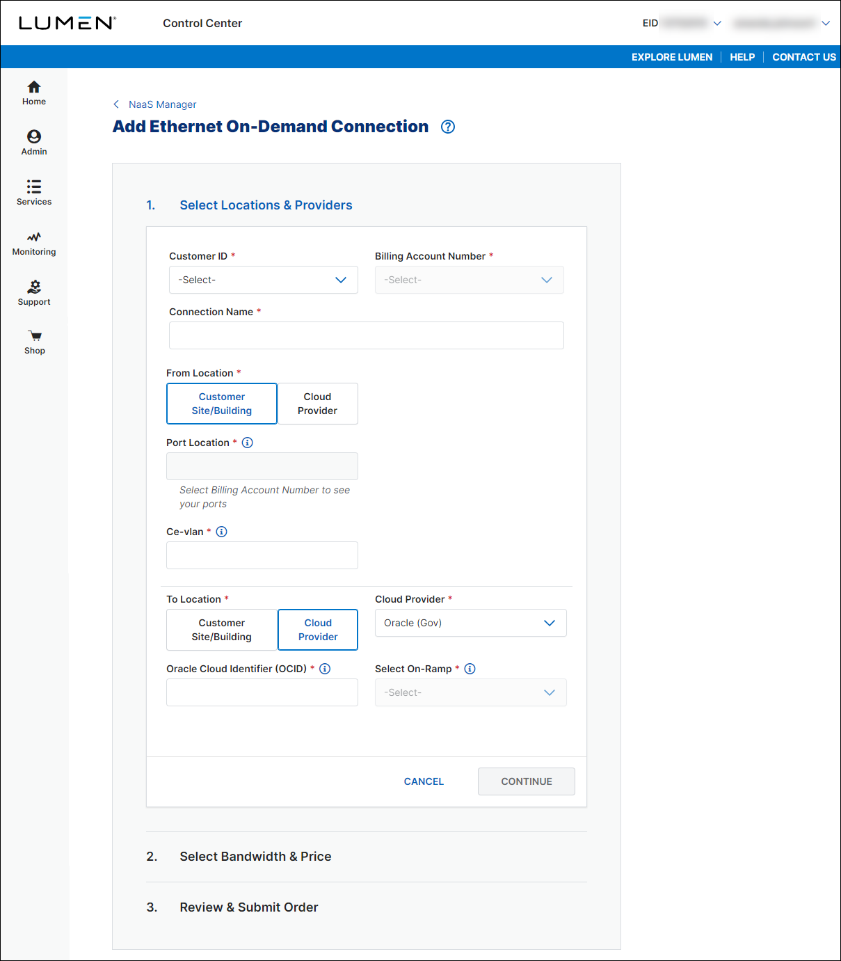 NaaS Ethernet On-Demand connection from your location to Oracle Gov