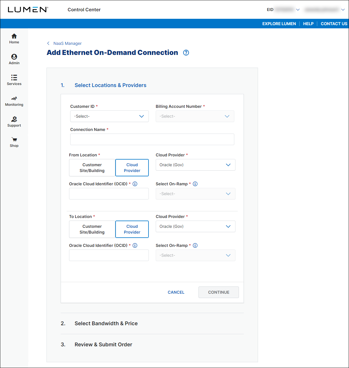 NaaS Ethernet On-Demand connection between two Oracle Gov locations