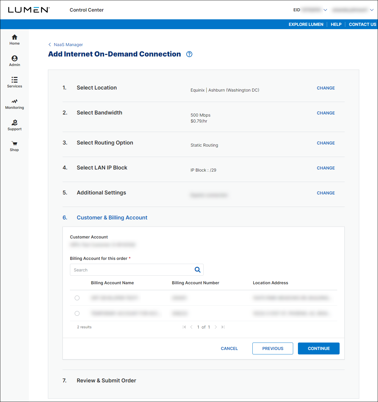 NaaS Internet On-Demand data center billing account