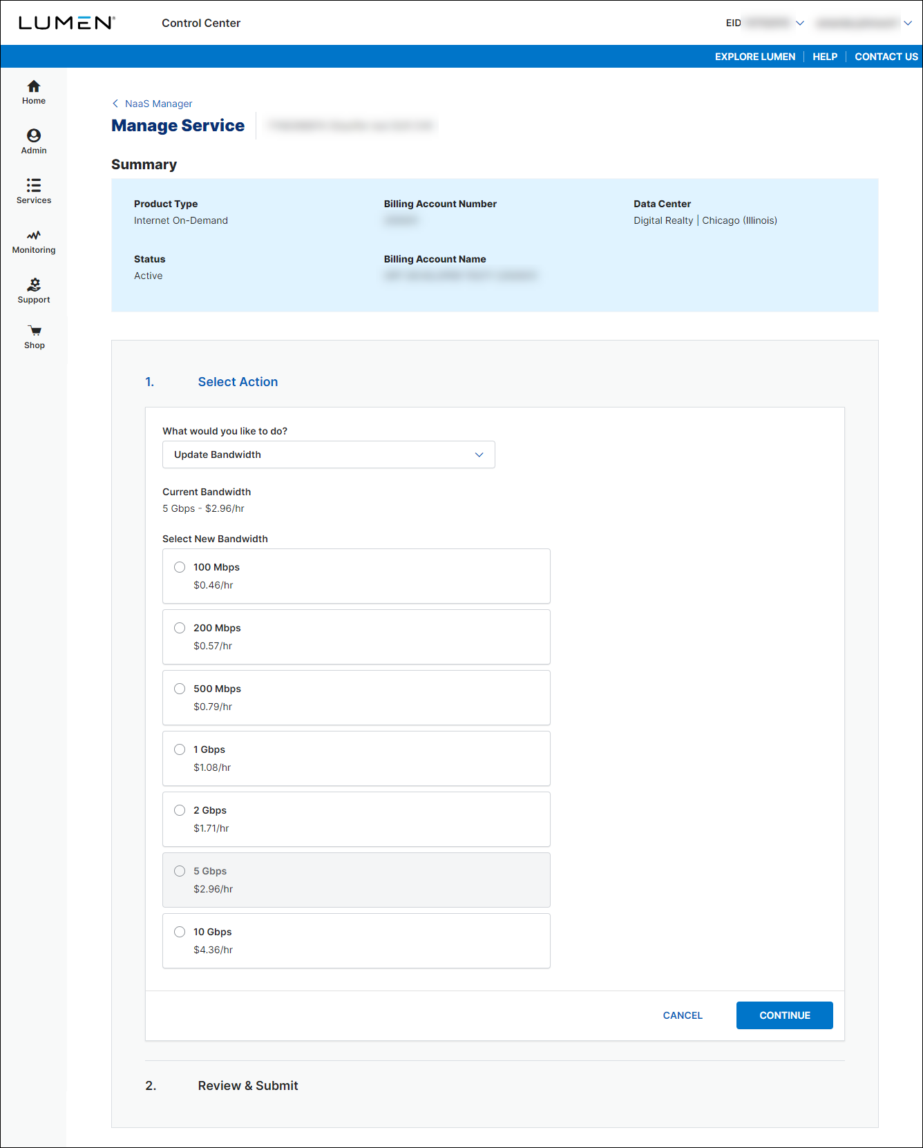 NaaS Manage Service select bandwidth