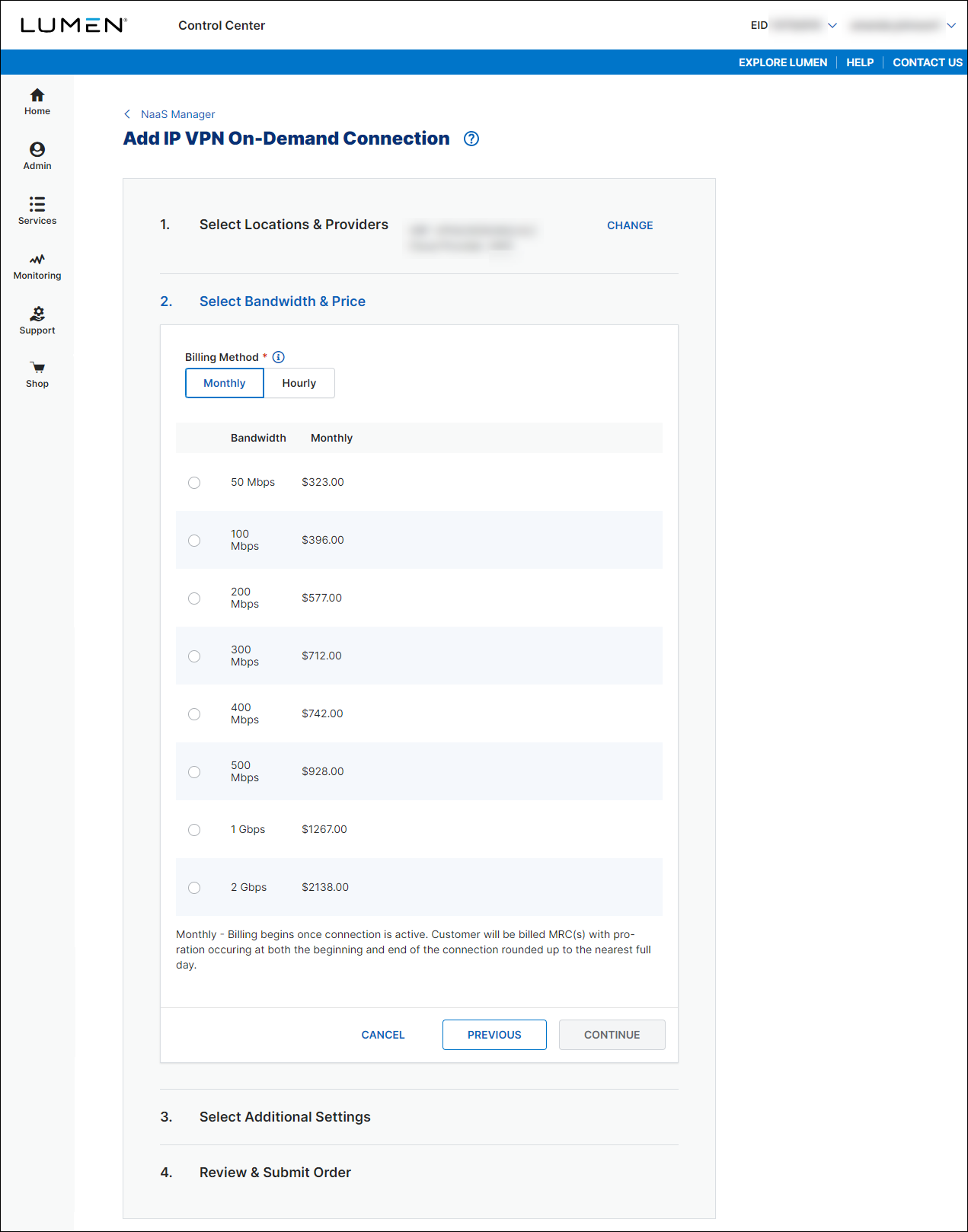 IP VPN On-Demand bandwidth and price