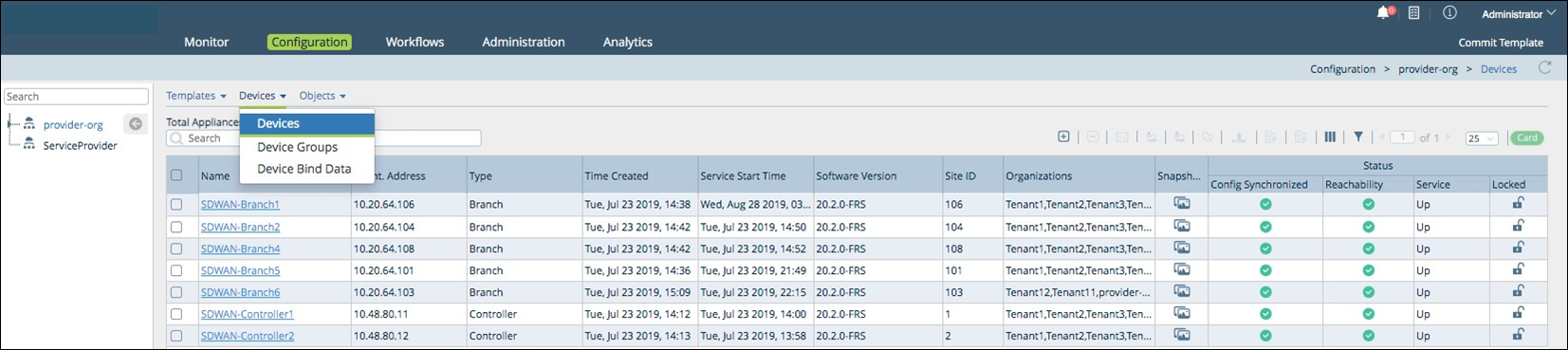 Configuration tab (showing Devices subtab)