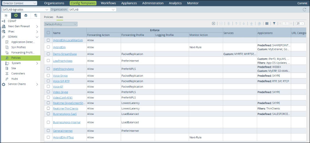 web traffic use case config templates tab policies left nav