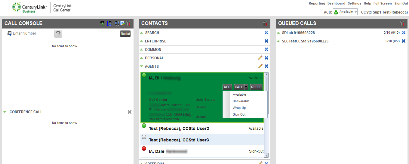 contacts pane agent directory changing agent acd status