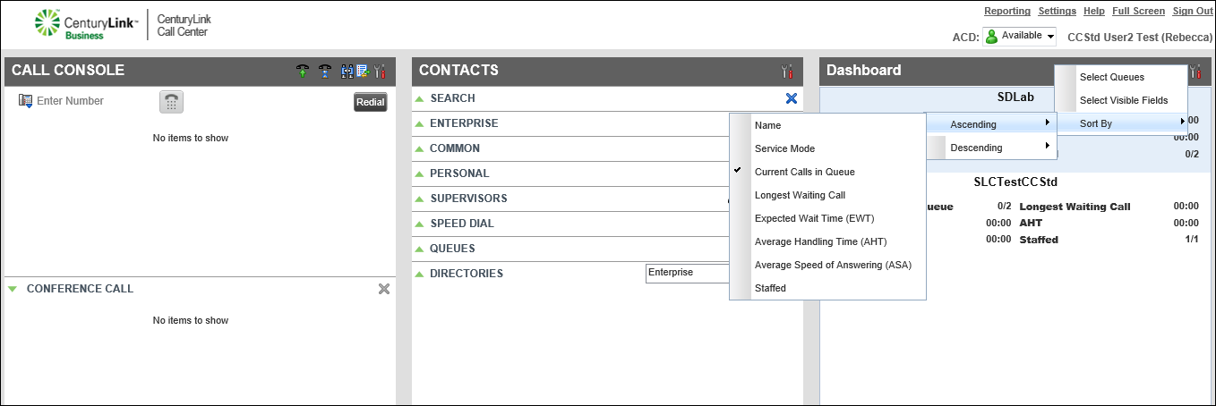 dashboard pane queues sort stats