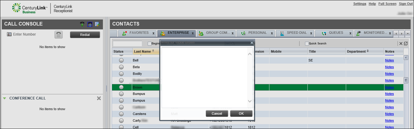 voip receptionist console contacts pane directories making a note about a contact