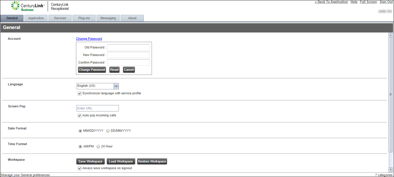 receptionist console settings general tab change password fields